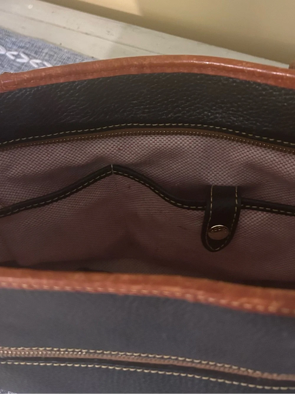 Dooney & Bourke Black Pebbled Leather Shoulder Tote with Brown Trim